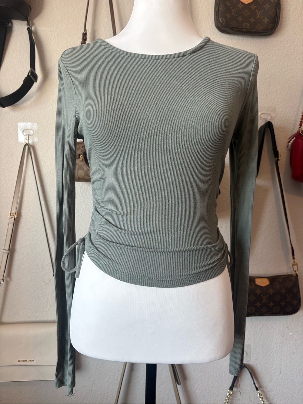 Princess Polly Sage Green Ribbed Ruched Side Tie Long Sleeve Top US 4